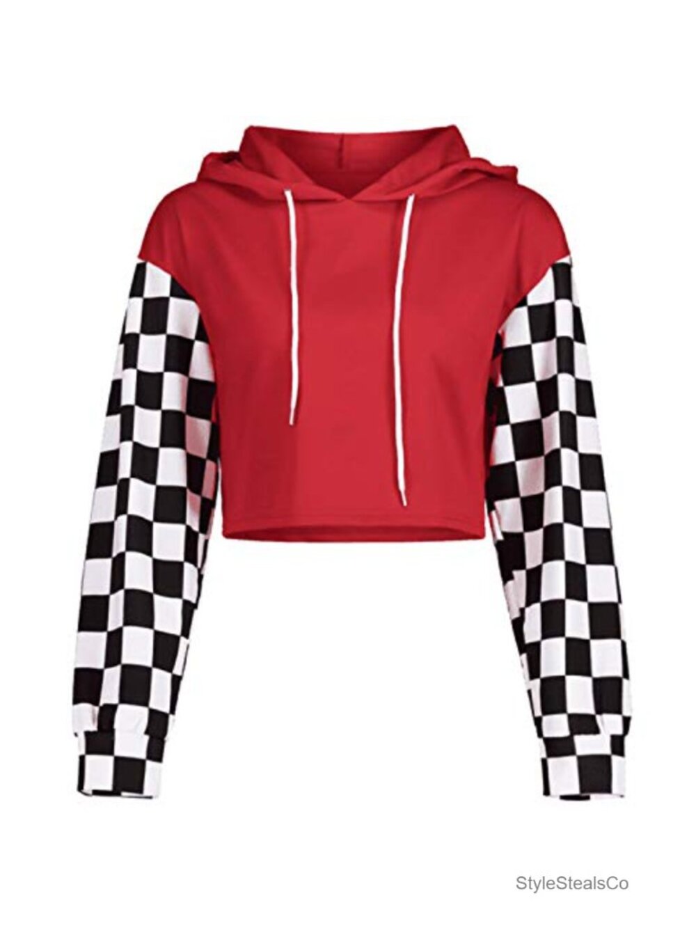 Women Cropped Hoodie Plaid Long Sleeve Drawstring Sweatshirt